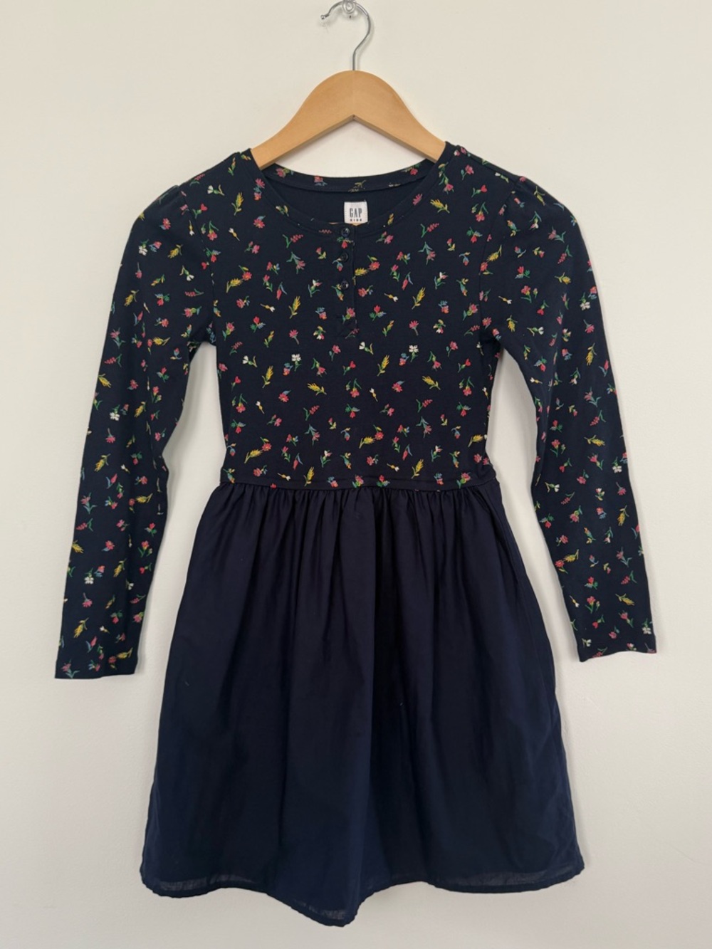 GAP‎ Kids Navy Floral Long Sleeve Fit & Flare Dress Henley School Uniform Size L